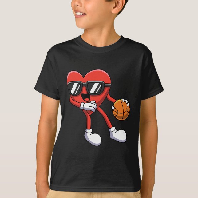Fun Valentines Day Heart Playing Basketball Boys K T-Shirt (Front)