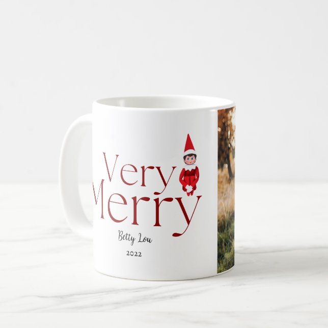 fun very merry christmas elf family holiday photo coffee mug (Front Left)