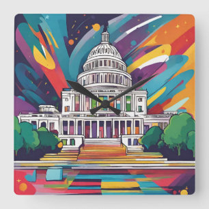 Fun Vibrant Funky Washington DC Wall Clock! Square Wall Clock