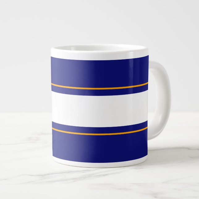 Fun Vibrant Royal Blue Yellow White Racing Stripes Large Coffee Mug (Front Right)