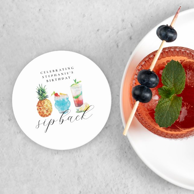 Fun Vibrant Sip Back Cocktails Birthday Party Round Paper Coaster (Creator Uploaded)