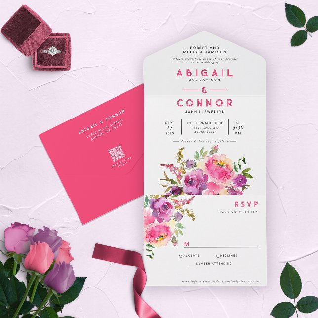 Fun Vibrant Violet Fuchsia Floral All In One Invit Invitation (Creator Uploaded)