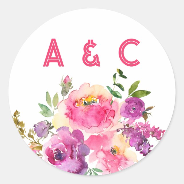 Fun Vibrant Violet Fuchsia Floral  Classic Round Sticker (Front)