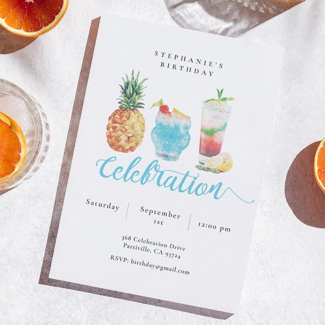 Fun Vibrant Watercolor Cocktails Birthday Party Invitation (Creator Uploaded)