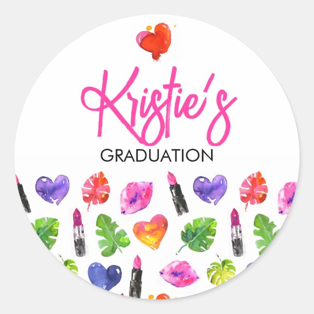 Fun Vibrant Watercolor Lipsticks Graduation Party Classic Round Sticker (Front)