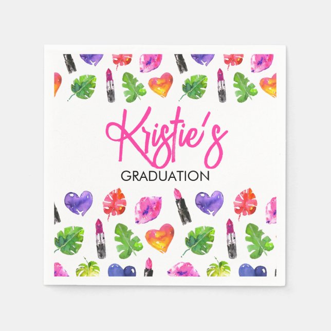 Fun Vibrant Watercolor Lipsticks Graduation Party Napkin (Front)