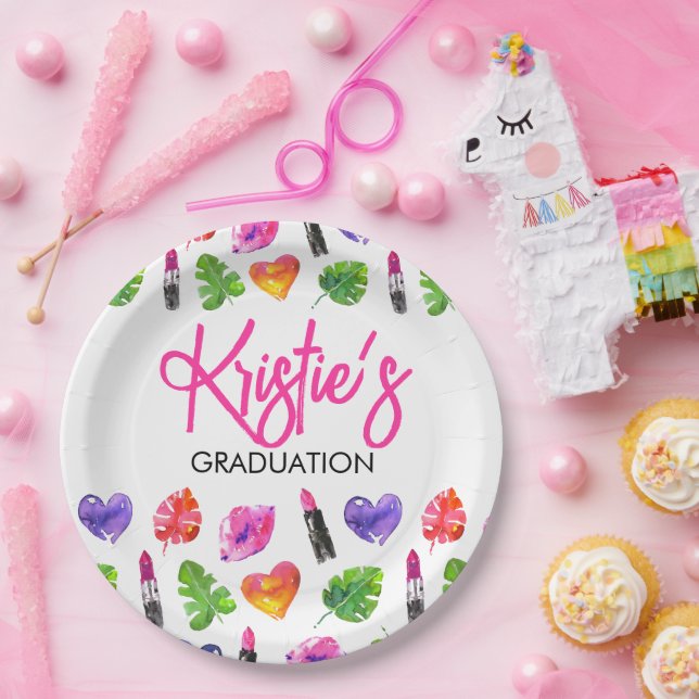 Fun Vibrant Watercolor Lipsticks Graduation Party Paper Plate (Party)