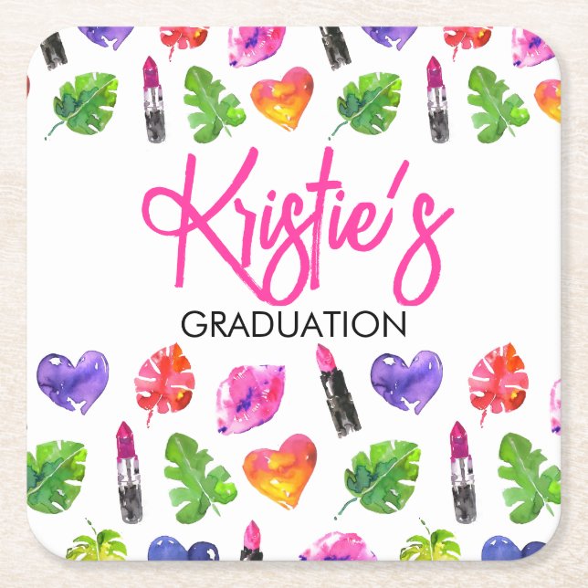 Fun Vibrant Watercolor Lipsticks Graduation Party Square Paper Coaster (Front)