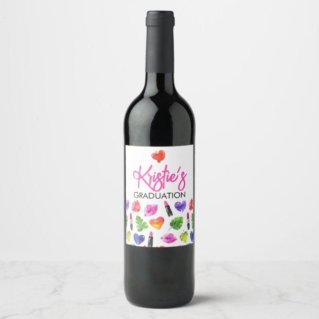 Fun Vibrant Watercolor Lipsticks Graduation Party Wine Label (Front)