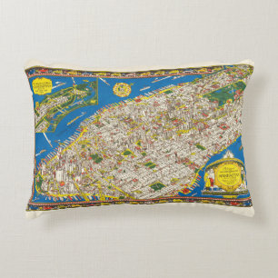 Fun Vintage 1926 Restored Pictorial Manhattan Map Decorative Cushion