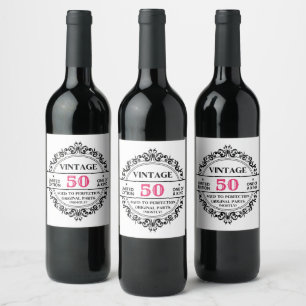 Fun Vintage 50th Black and Pink Birthday Novelty Wine Label