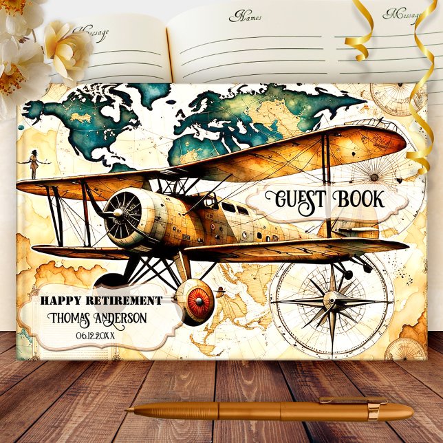Fun Vintage Aeroplane Travel Retirement Guest Book (Retirement travel guest book featuring a painting of a vintage airplane on a map with compass)
