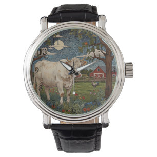Fun vintage cow in pasture scene watch