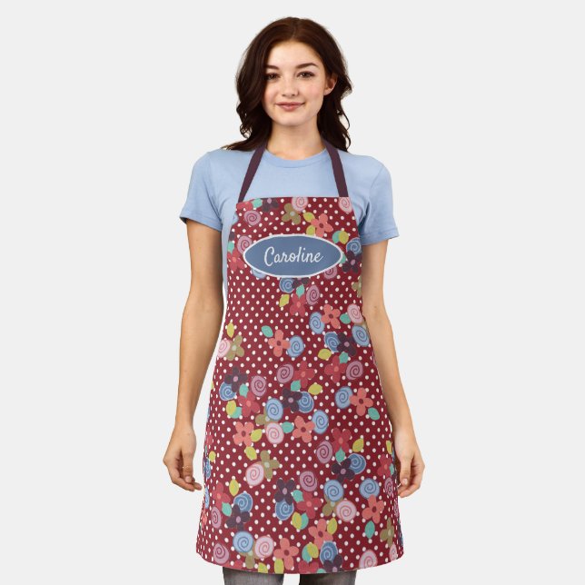 Fun Vintage Flowers Polkadots Pattern Cherry Red Apron (Worn)