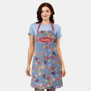 Fun Vintage Flowers Polkadots Pattern On Blue Apron