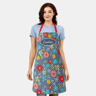 Fun Vintage Flowers Polkadots Pattern On Blue Apron