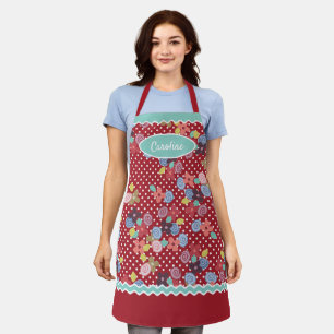 Fun Vintage Flowers Polkadots Pattern On Dark Red Apron