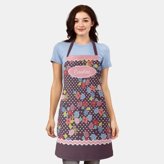 Fun Vintage Flowers Polkadots Pattern Pink Purple Apron (Worn)