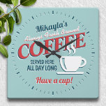Fun Vintage Fresh Brewed Coffee Personalised Square Wall Clock<br><div class="desc">A fun,  vintage throwback design to the 1960's with this cute fresh brewed coffee sign clock,  personalised for someone special.  These great little conversation pieces make a perfect housewarming gift or coffee lover gift!</div>