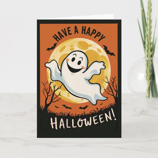 Fun Vintage Halloween Ghost and Moon Holiday Card (Front)
