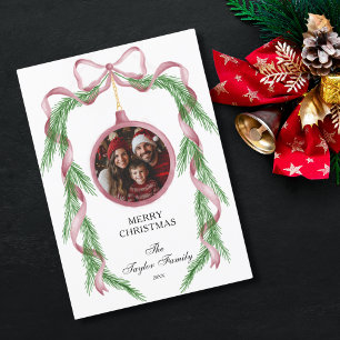 Fun Vintage Photo Pink Ribbon Merry Christmas Invitation