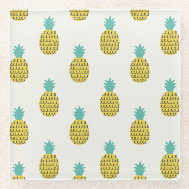 Fun Vintage Pineapple Seamless Illustration. Glass Coaster (Front)