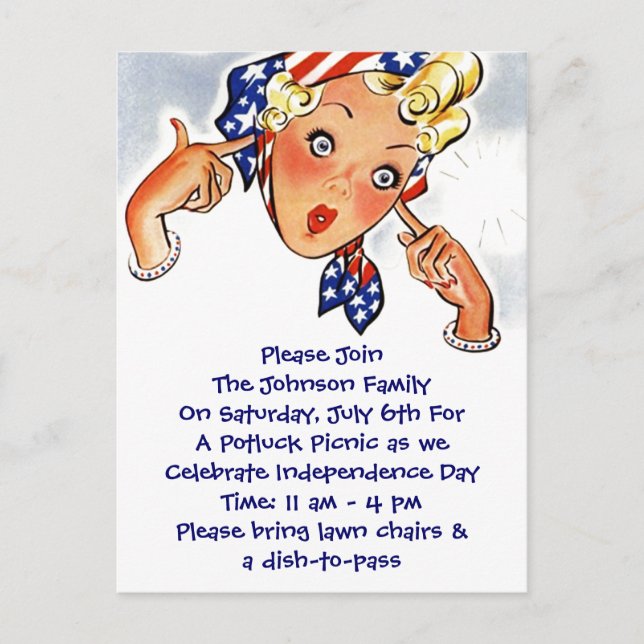 Fun Vintage Postcard Invitation 4th of July Party (Front)