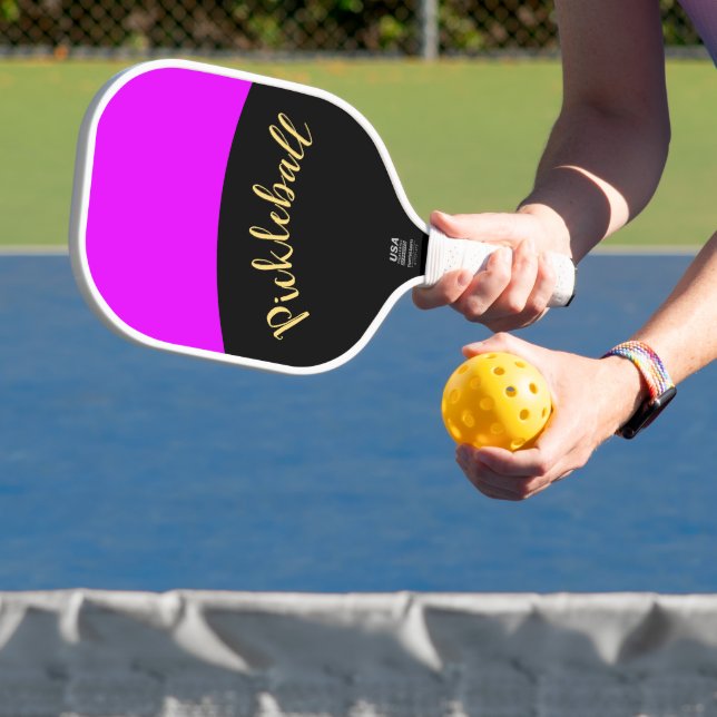 Fun Vivid Tropical Pink Black Curves Fancy Script  Pickleball Paddle (Insitu)
