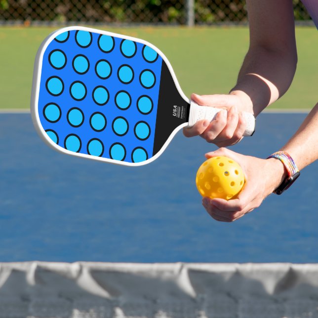 Fun Vivid Two Tone Blue Black Circle Grid Pattern Pickleball Paddle (Insitu)