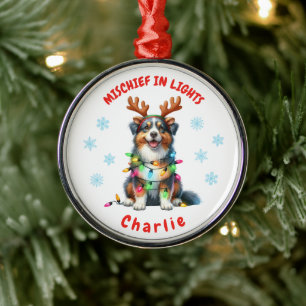 Fun Watercolor Australian Shepherd Snowflakes Dog Metal Tree Decoration