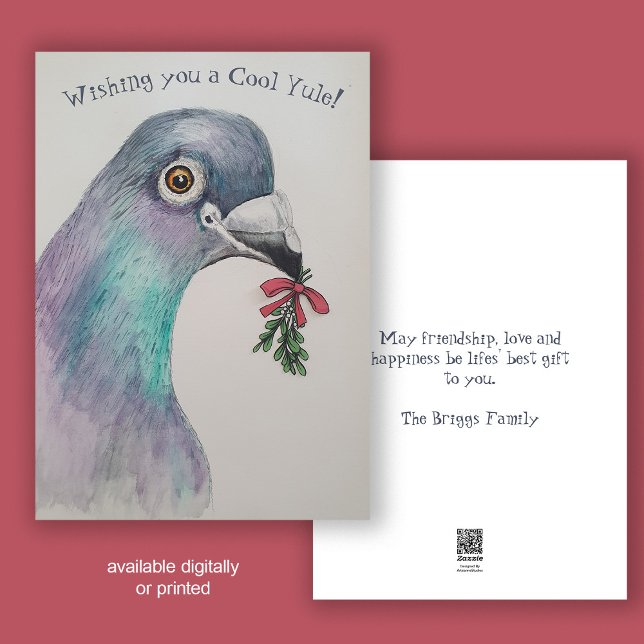 Fun Watercolor Bird Christmas Holiday Card (Front and back view)