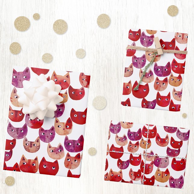 Fun Watercolor Cat Red Pink Wrapping Paper Sheets (Watercolor kitty cats in red, pink, purple and yellow. Perfect for animal lovers!)