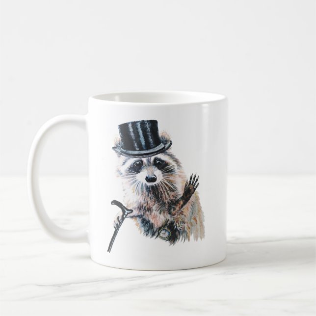Fun Watercolor Dressed Up Racoon Coffee Mug (Left)
