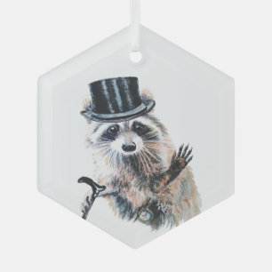 Fun Watercolor Dressed Up Racoon Glass Tree Decoration