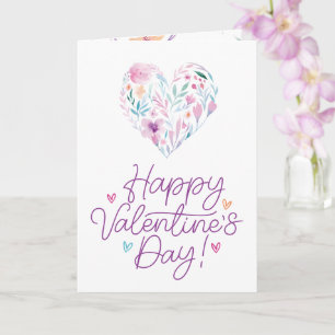 Fun Watercolor Flower Heart Happy Valentine's Day Card
