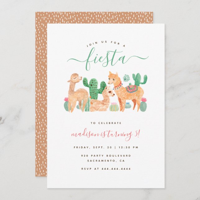 Fun Watercolor Llama Fiesta Kids Birthday Invitation (Front/Back)