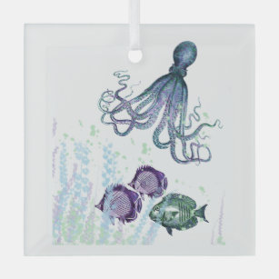 Fun Watercolor Octopus Fish Underwater Scene Glass Tree Decoration