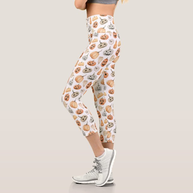 Fun Watercolor Pumpkin Pattern Capri Leggings (Left)