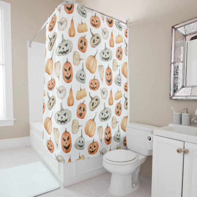 Fun Watercolor Pumpkin Pattern Shower Curtain (In Situ)