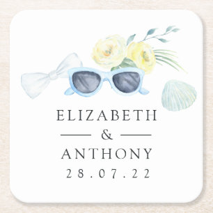 Fun Watercolor Summer Beach Wedding Square Paper Coaster