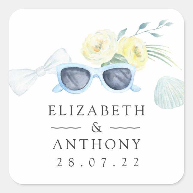 Fun Watercolor Summer Beach Wedding Square Sticker (Front)