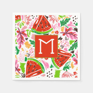 Fun Watermelon and Floral Pattern Monogram Napkin
