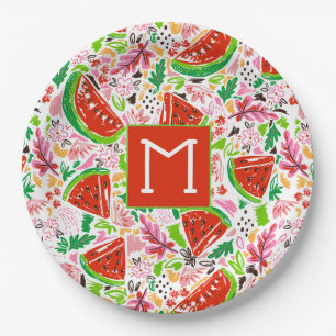 Fun Watermelon and Floral Pattern Monogram  Paper Plate