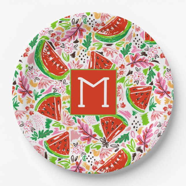 Fun Watermelon and Floral Pattern Monogram  Paper Plate (Front)