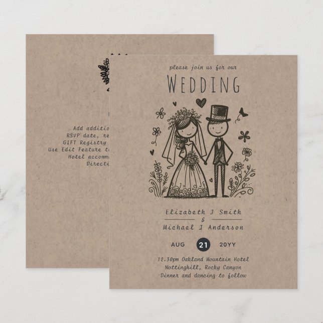 Fun Wedding Cartoon Bride Groom Handdrawn (Front/Back)