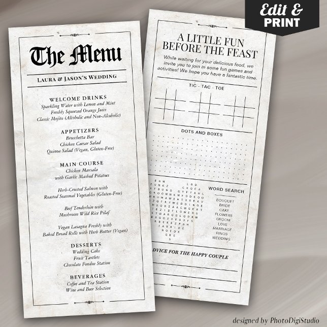 Fun Wedding Menu with Wedding Games Newspaper (Fun Wedding Menu with Wedding Games Newspaper, Black and White Menu for Wedding)