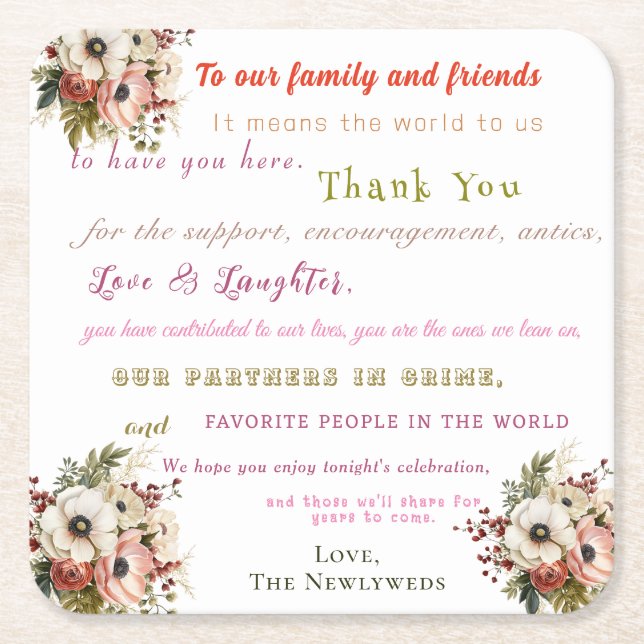 Fun Wedding Welcome  Square Paper Coaster (Front)