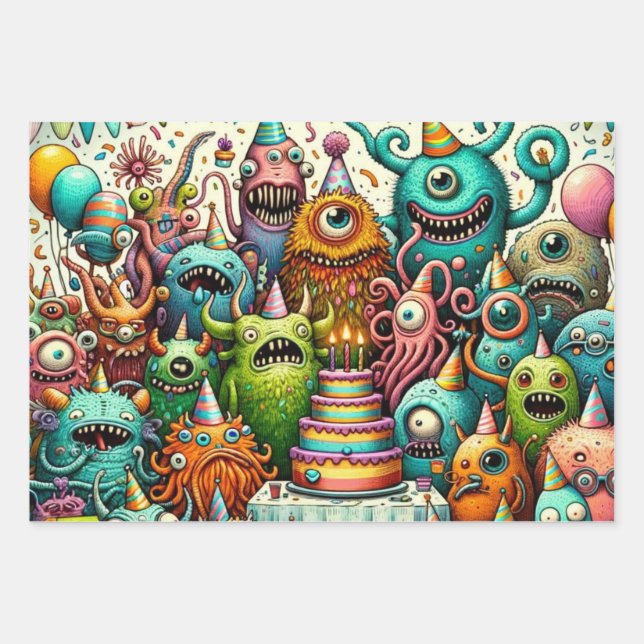 Fun Weird Creatures at a Birthday Party Wrapping Paper Sheet (Front)