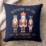 Fun Welcome to the Nuthouse Nutcracker Christmas Cushion<br><div class="desc">Add some holiday humour with our ‘Welcome to the Nuthouse’ pillow! Featuring three quirky nutcrackers as well as your custom family name,  this fun Christmas design brings a playful touch to your holiday décor. Perfect for cosy,  festive vibes!</div>