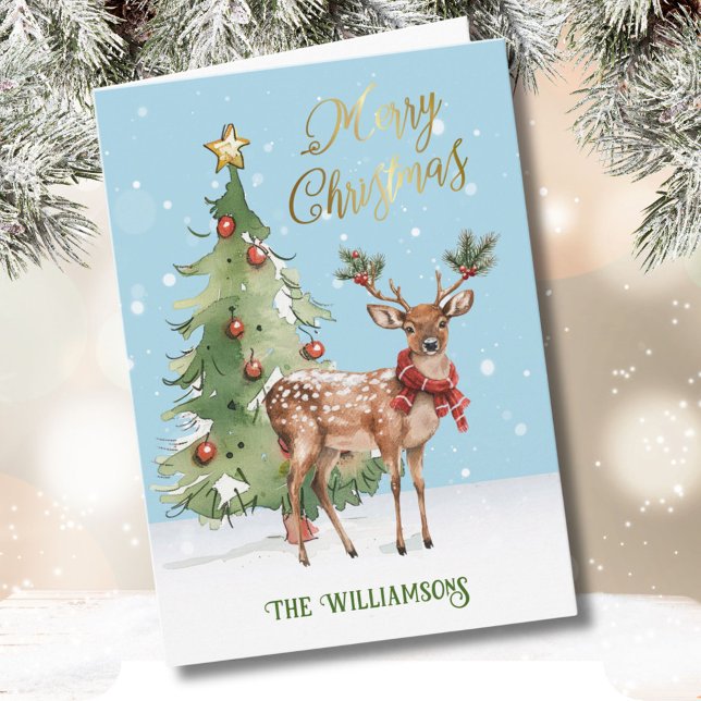 Fun Well-dressed Watercolor Reindeer Tree  Card (Creator Uploaded)